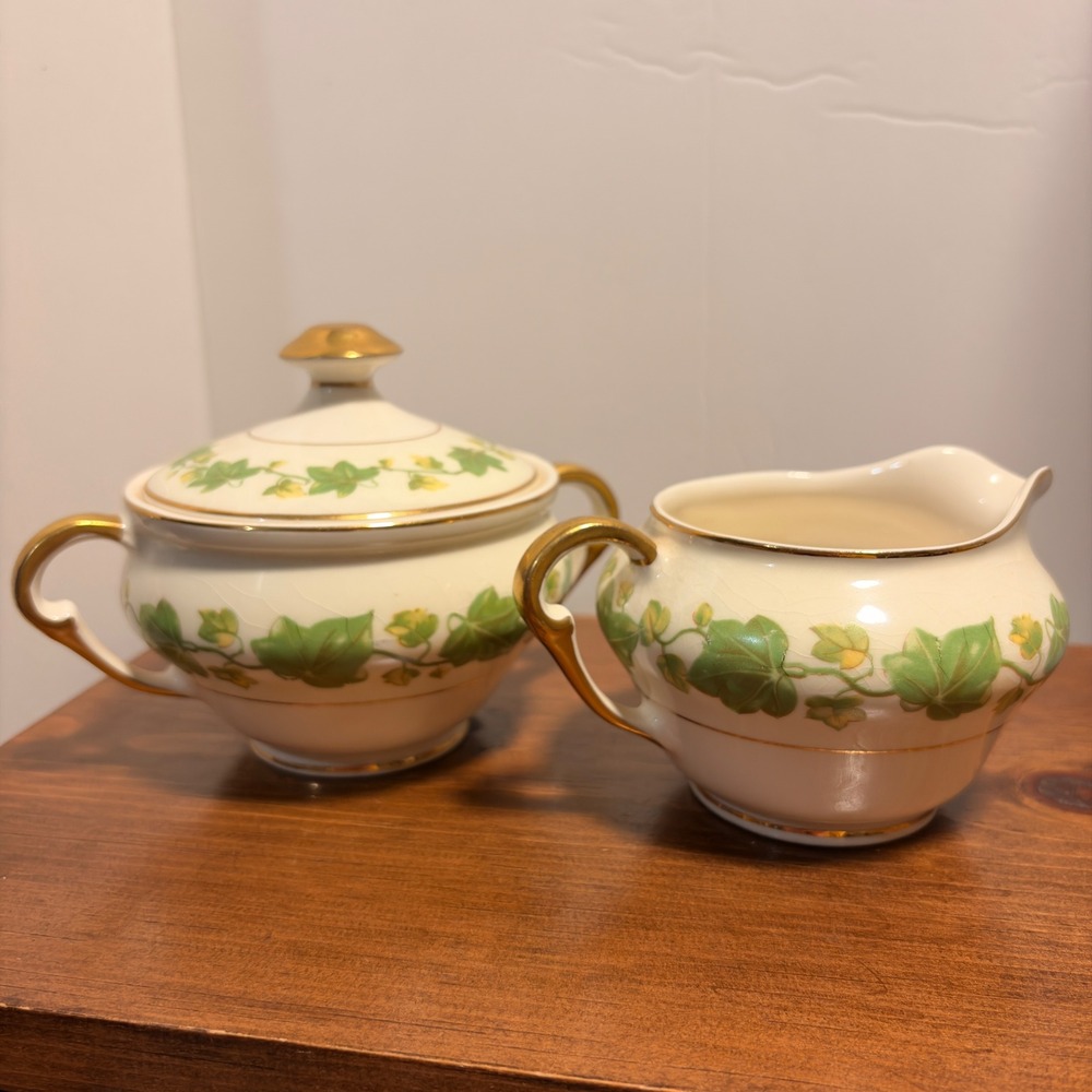 Pope and Gosser American Ivy Creamer Lidded Sugar Bowl Set Gold Trim Cottagecore